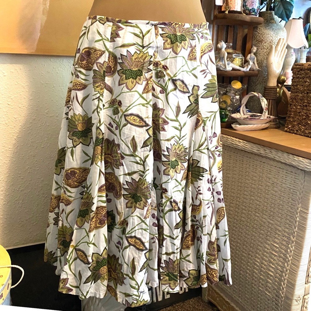 Grace Elements Midi Skirt Cottagecore Floral Print Women 12 White Green Cotton - Picture 2 of 6